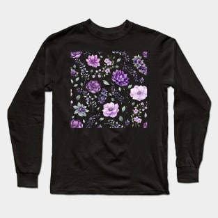 Seamless Pattern of Watercolor Flowers and Berries Long Sleeve T-Shirt